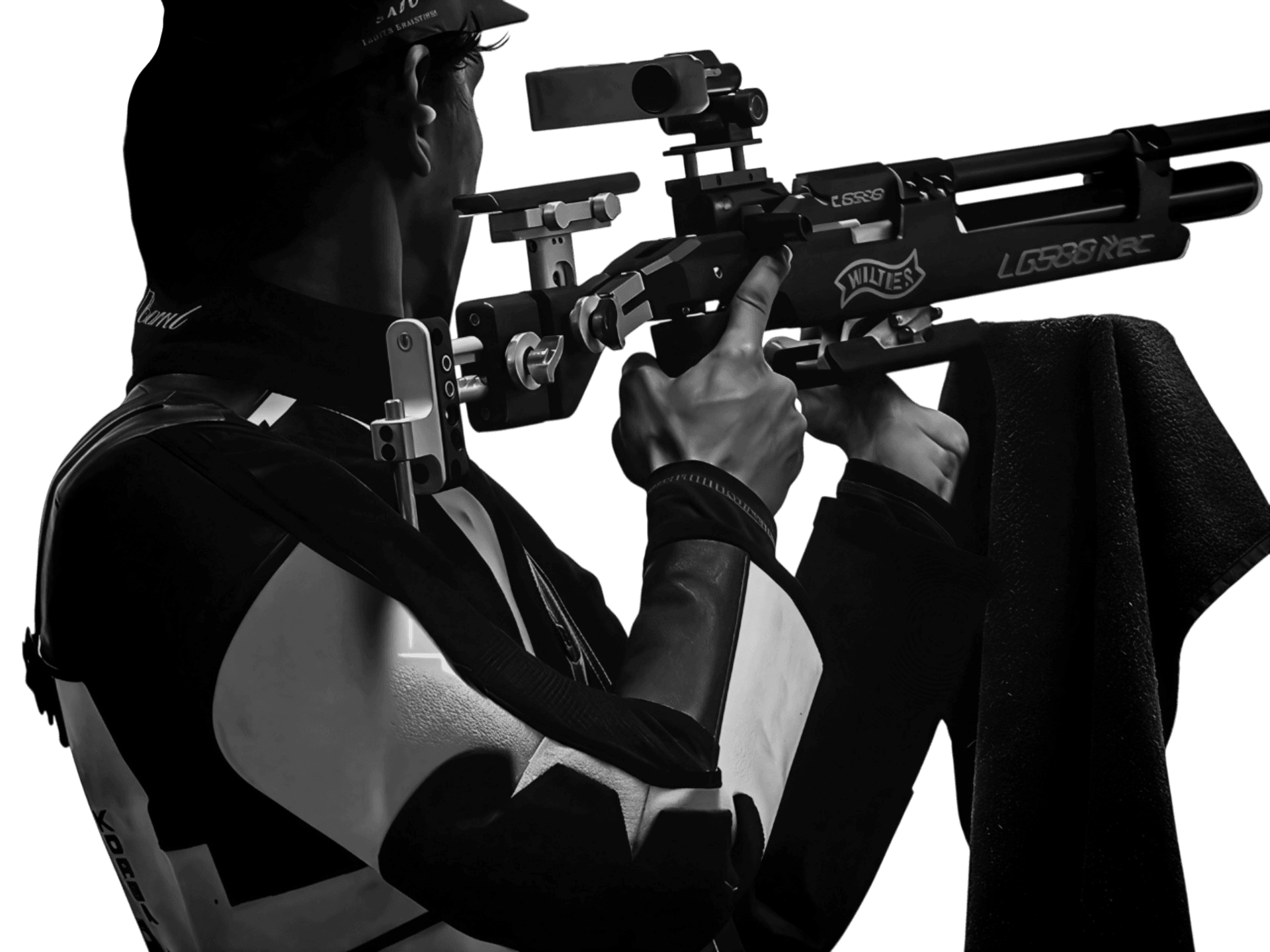 Abdullah in shooting jacket at full draw, sighting a Walther LG500 air rifle