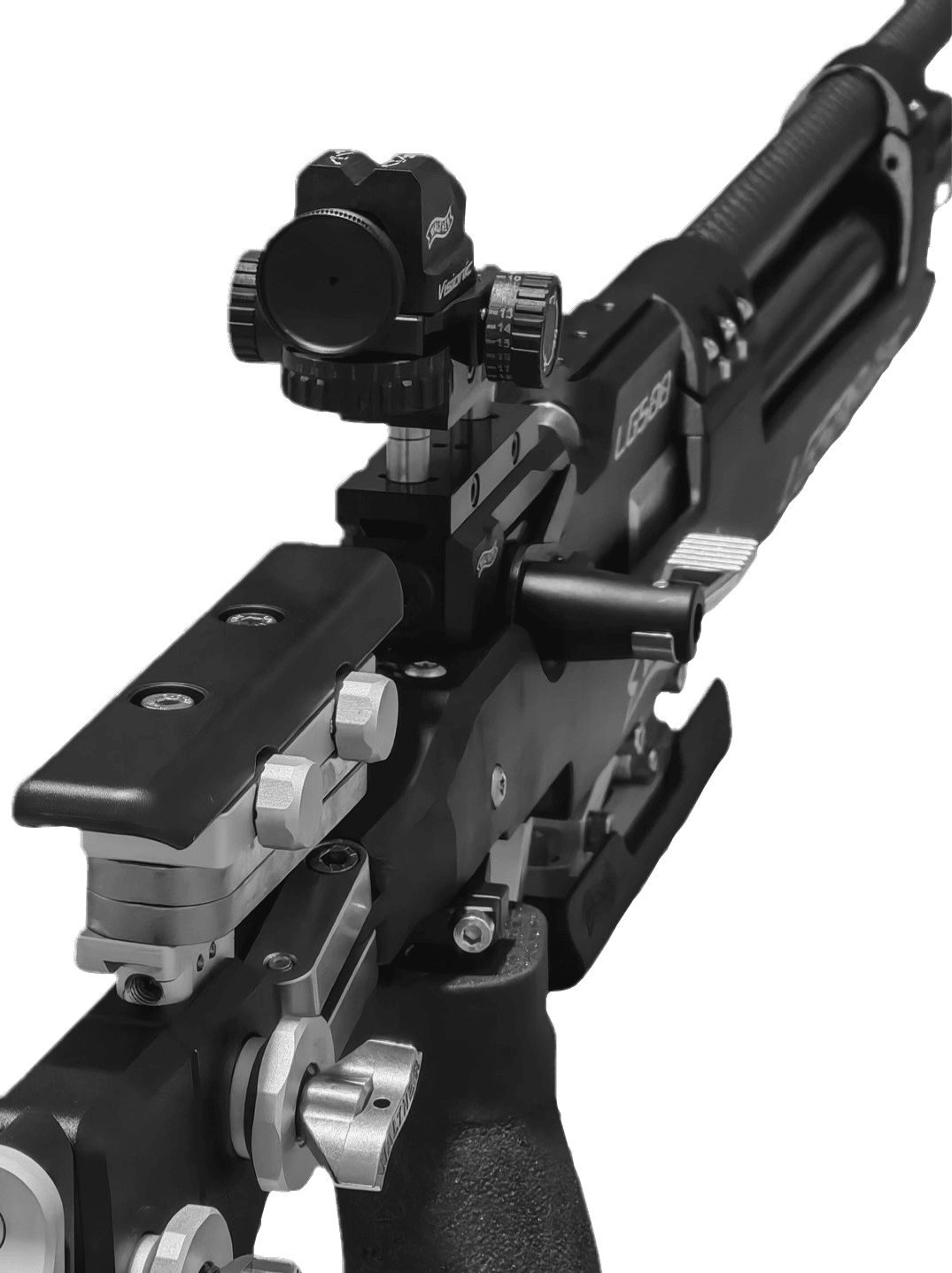 Close detail of the rear sight and action of a 10m air rifle