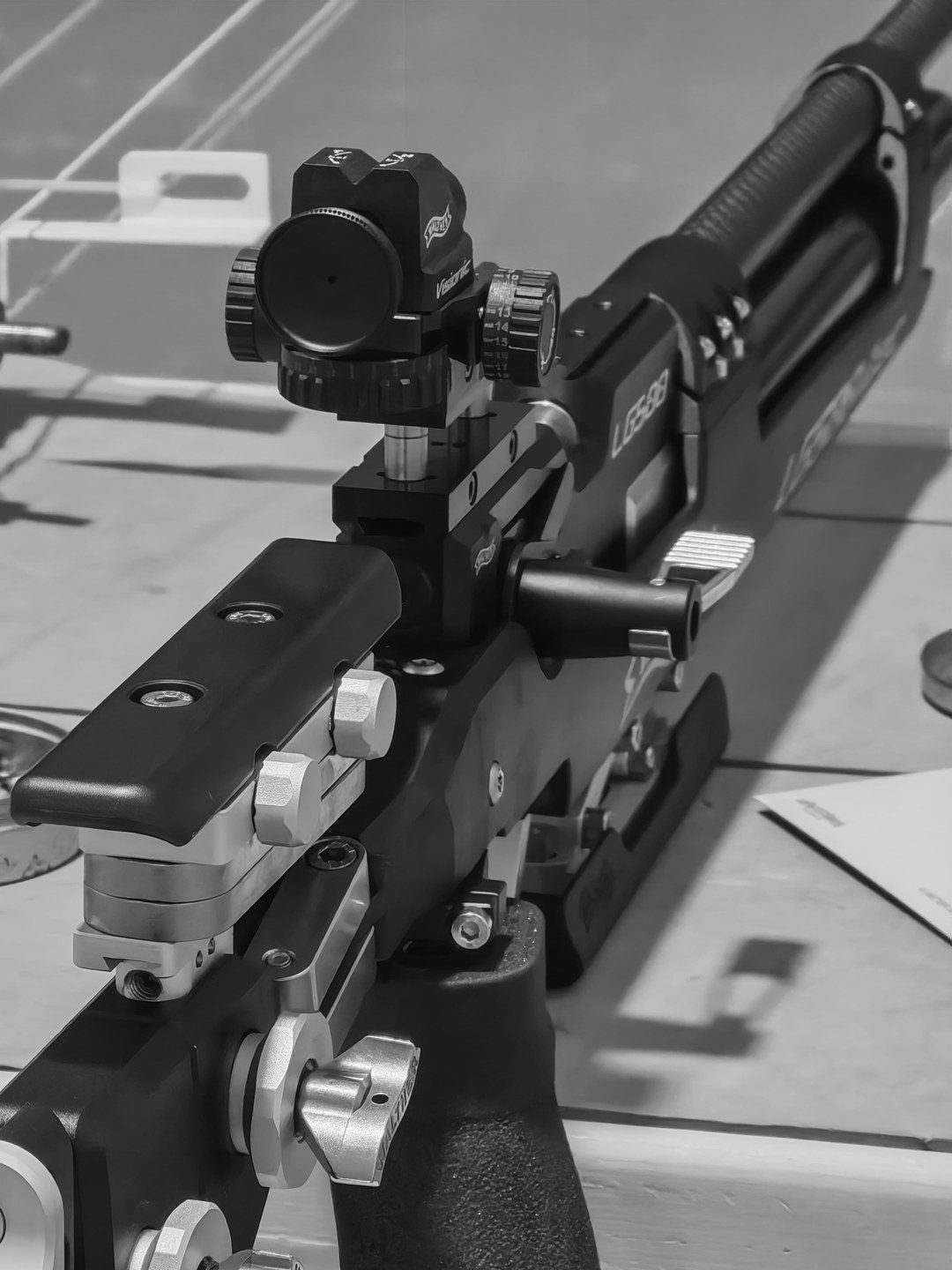 Close detail of the rear sight and action of a 10m air rifle